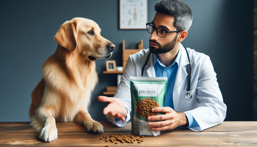 Um veterinário ou nutricionista segurando um pacote de ração